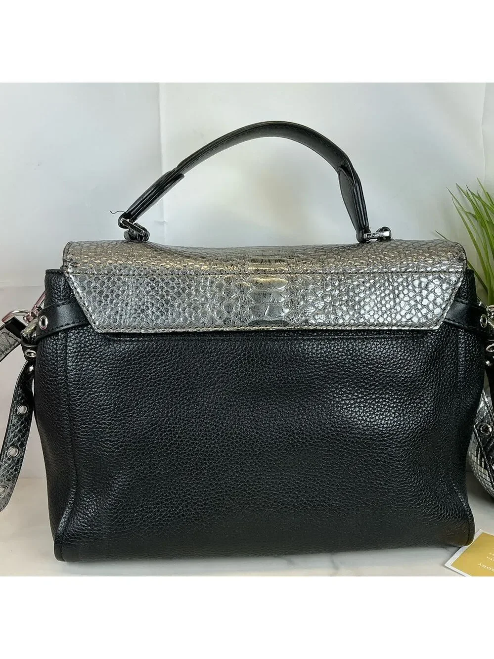 Michael Kors Black Silver Bristol Flap Satchel hand Bag‎ Crossbody Snakeskin